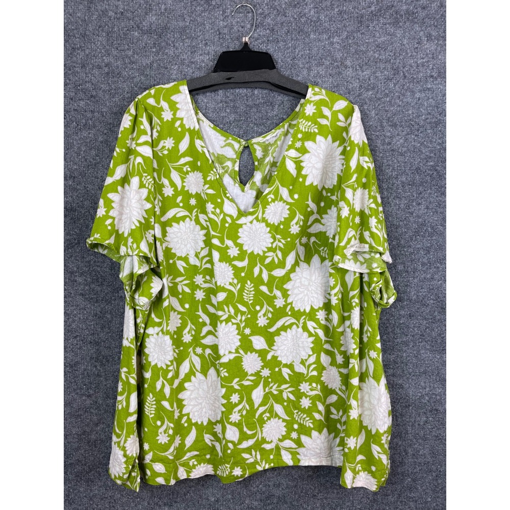Floral Blouse Women's 4X Green White Linen Blend Short Sleeve V-Neck Keyhole